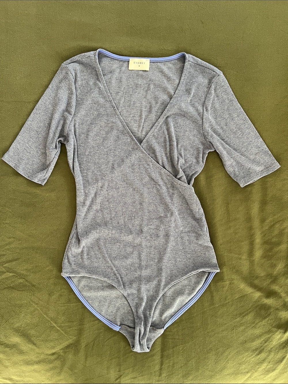 Everly Heather Periwinkle Wrap-Front Bodysuit with Contrast Trim